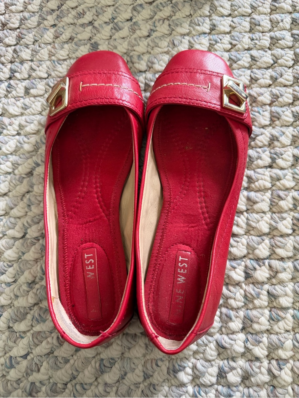 Nine West Red Leather Slip-On Flats with Gold Accent